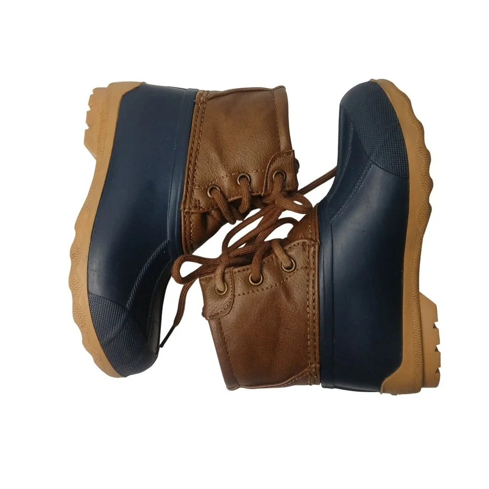Sperry Port Duck Boots Kids Size 9M Navy Blue Brown All-Weather Lace Up